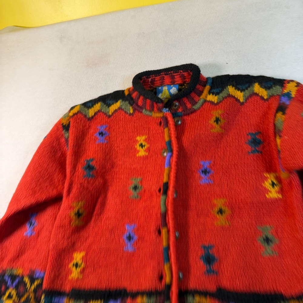 Newari Icelandic‎ Design Red Wool Handcrafted Nepal Cardigan Sweater S/M 7061
